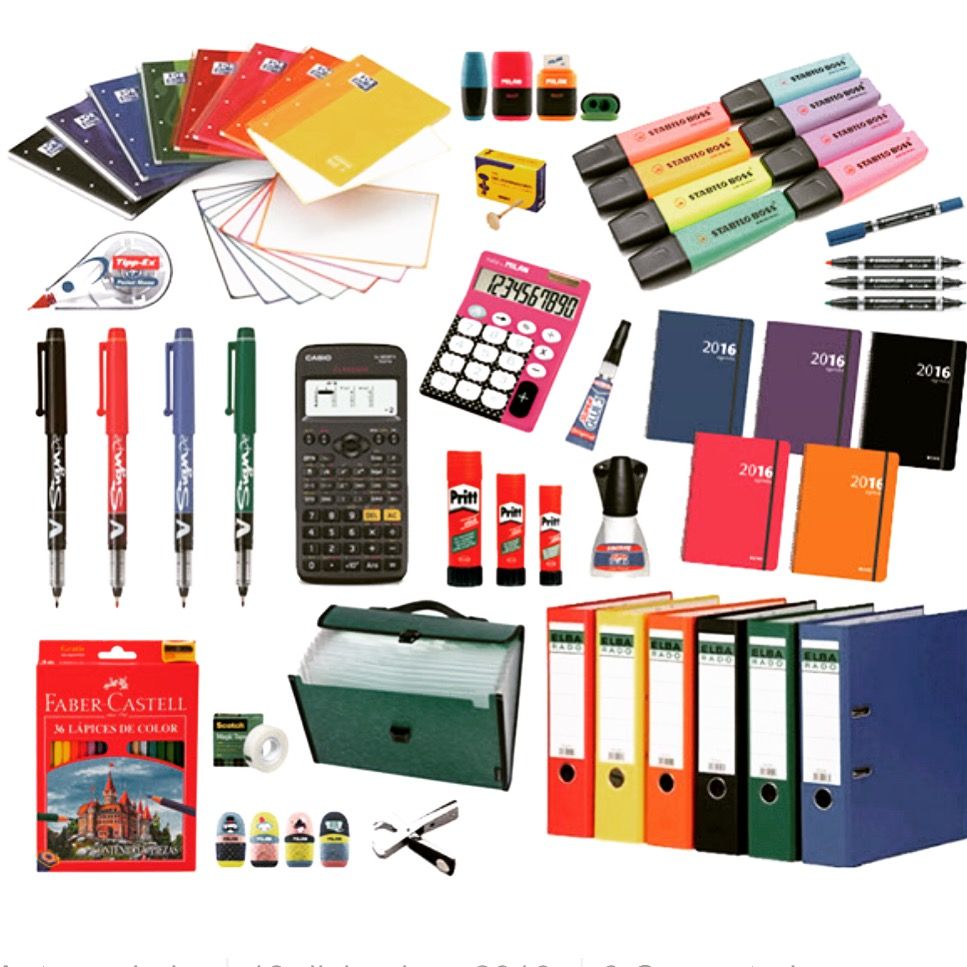 Office stationery assortment - pens, notebooks, calculators, binders, and highlighters